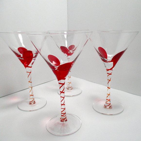 Pier One Red Drop Swirl Stem Martini Cocktail Glasses Set Of 4